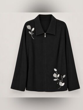 Black Embroidered Zip-Front Women's Jacket